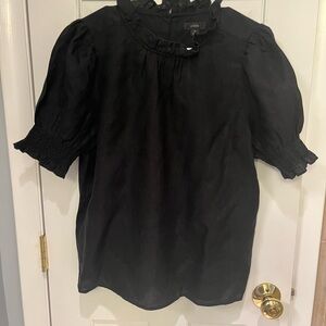 J. Crew Black Smocked Ruffled Blouse with Bib Collar - 100% Linen